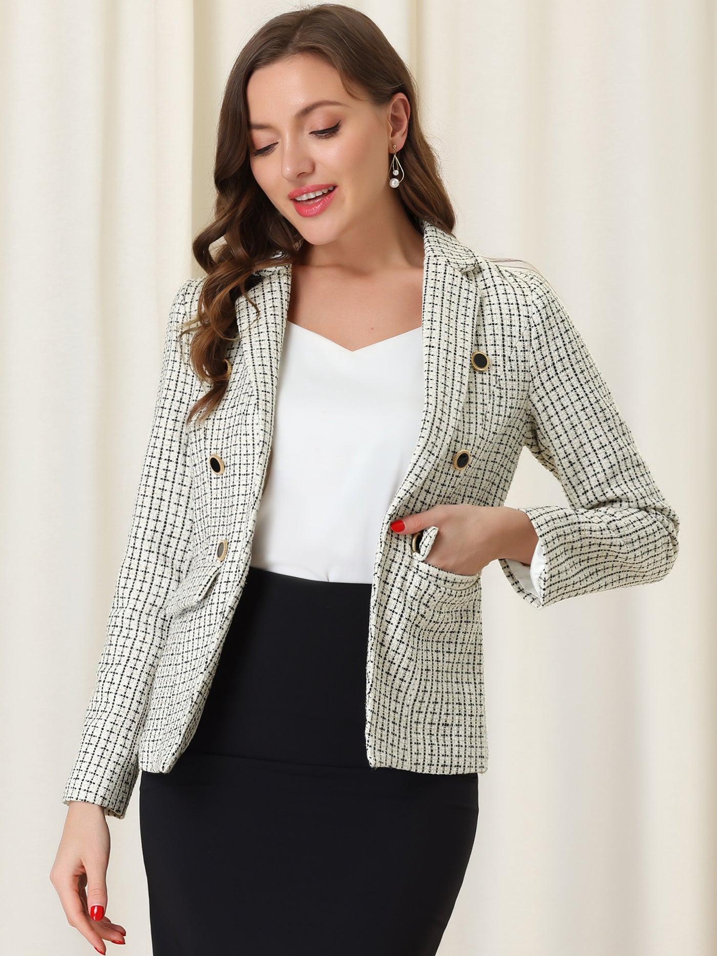Allegra K Elegant Plaid Jacket Long Sleeve Open Front Tweed Blazer