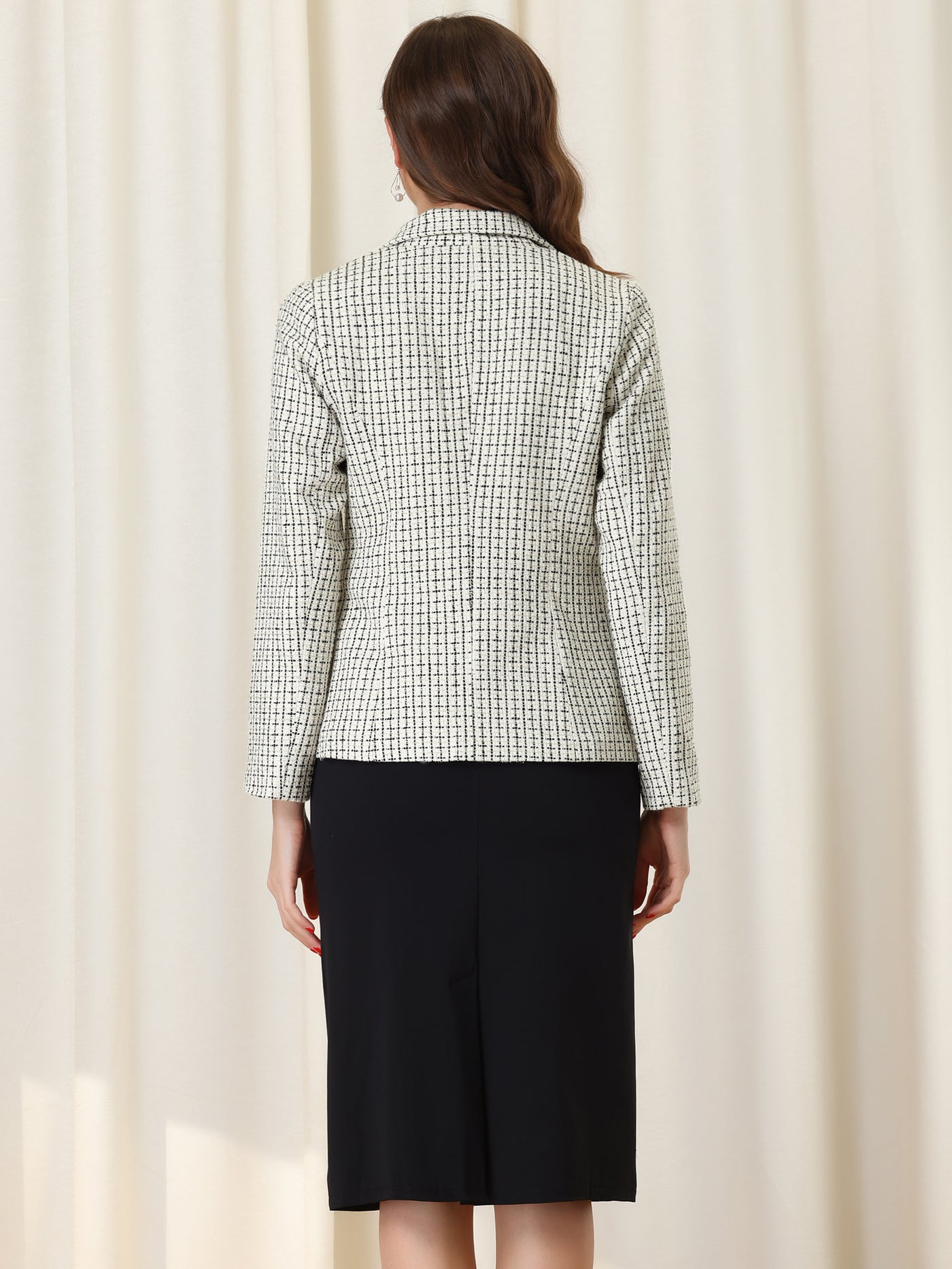 Allegra K Elegant Plaid Jacket Long Sleeve Open Front Tweed Blazer