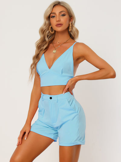Casual Sleeveless Knot Back Crop Top Camisole Shorts 2 Piece