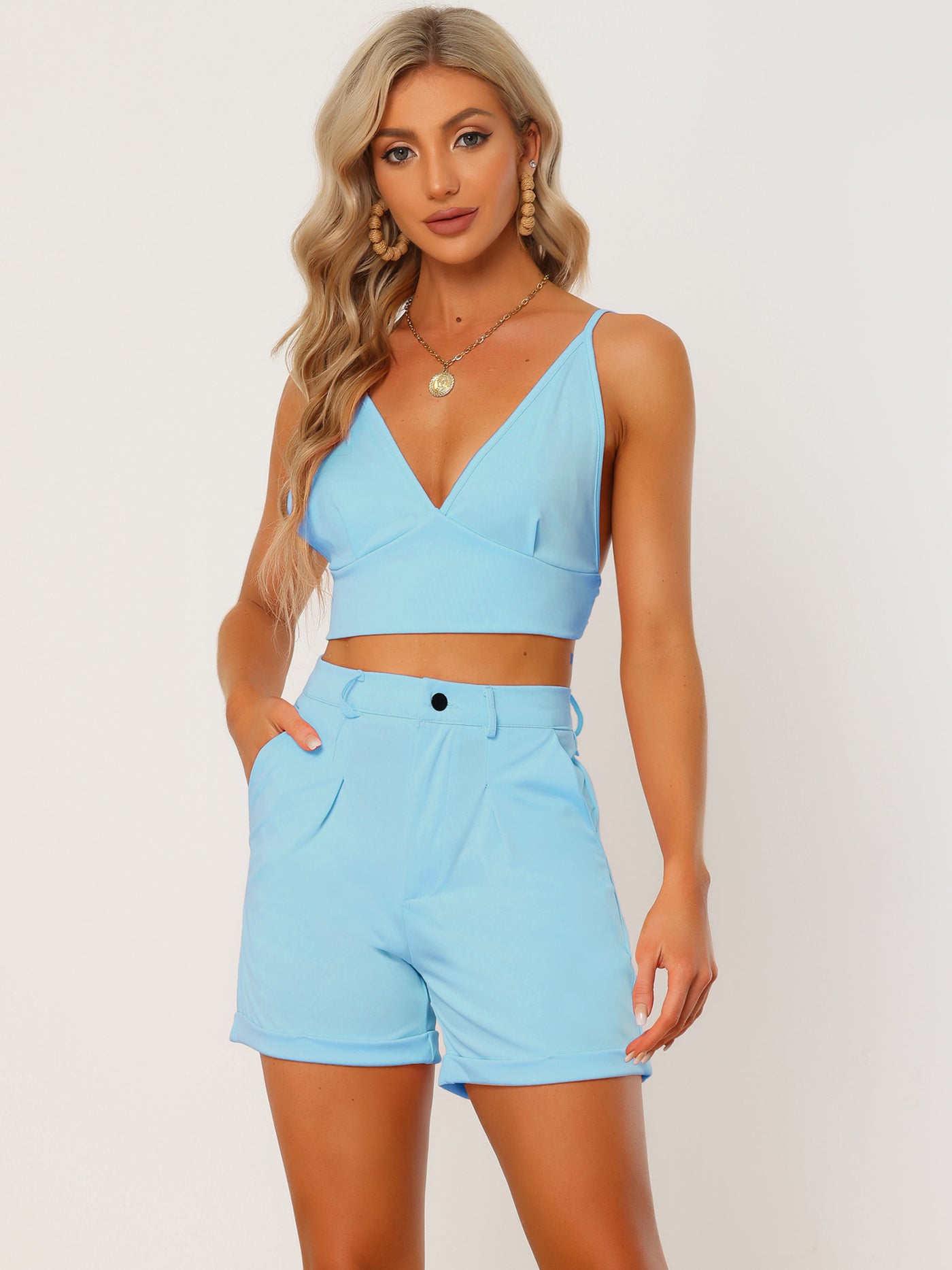Allegra K Casual Sleeveless Knot Back Crop Top Camisole Shorts 2 Piece