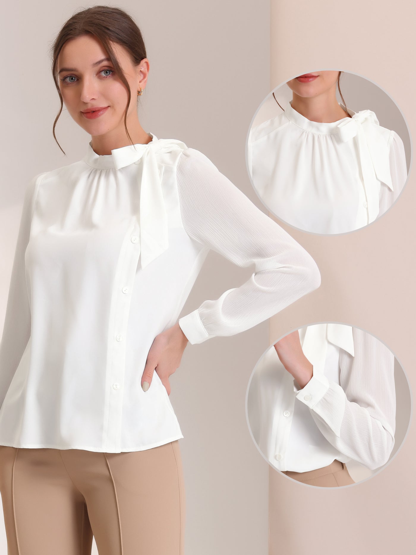 Allegra K Bow Tie Neck Blouse for Work Office Side Buttons Chiffon Elegant Tops