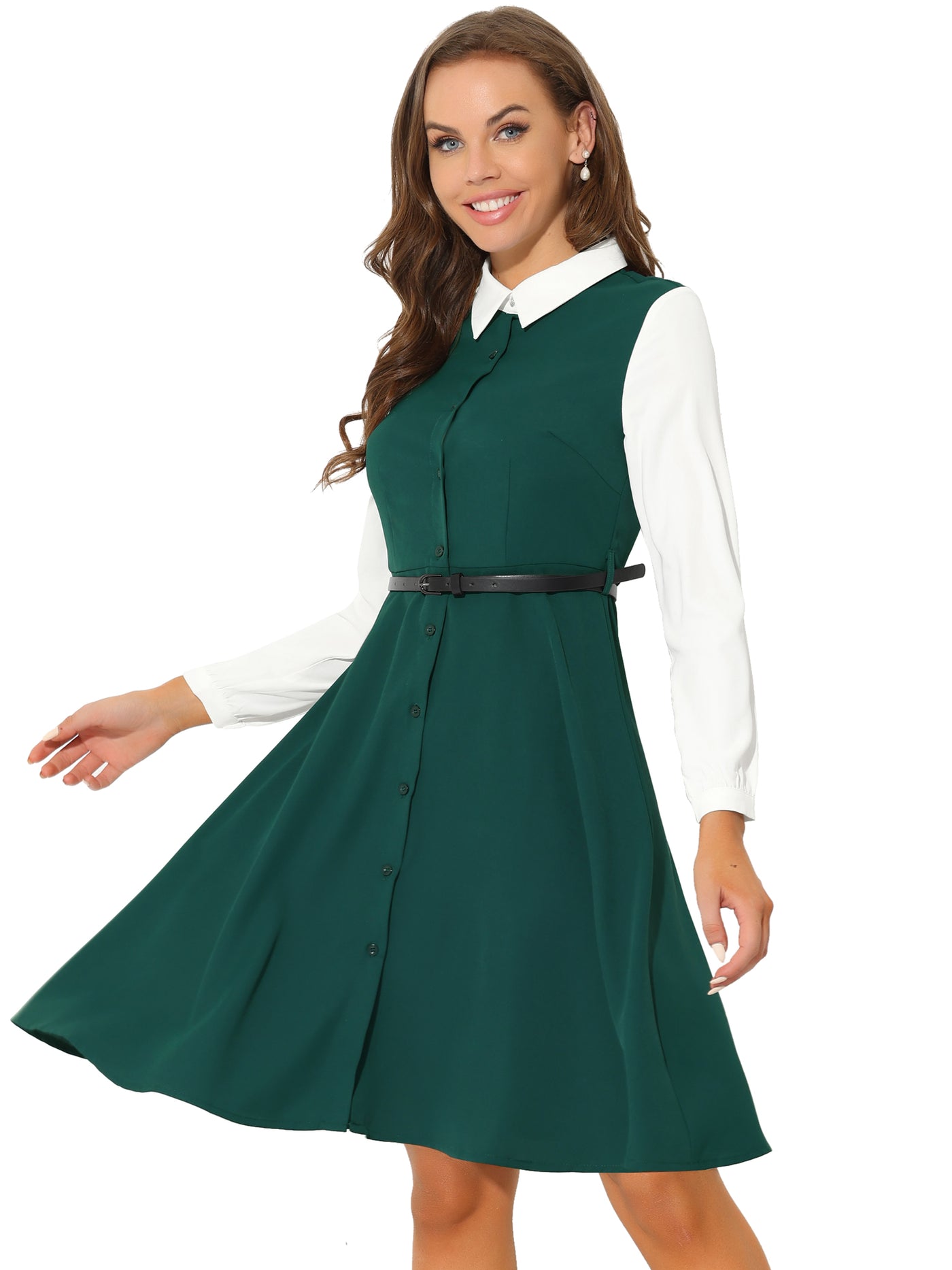 Allegra K Work Button Front Dress Long Sleeve Contrast Collar Shirtdress