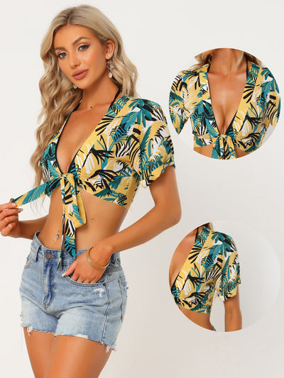 Tropical Shirt for Deep V Neck Hawaiian Crop Tie Knot Sexy Top