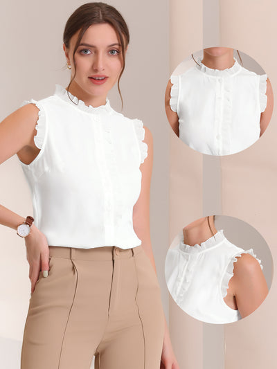 Sleeveless Shirt Button Up Solid Color Ruffle Summer Blouse