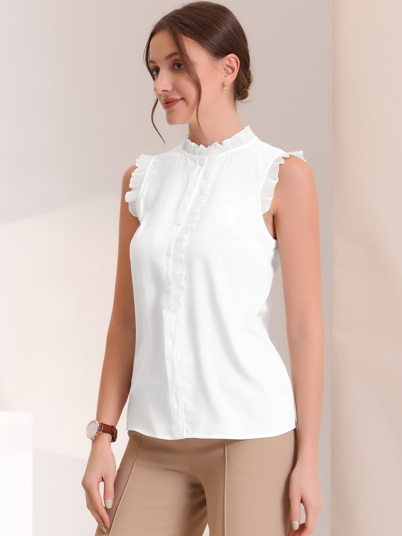 Allegra K Sleeveless Shirt for Button Up Solid Color Ruffle Summer Blouse
