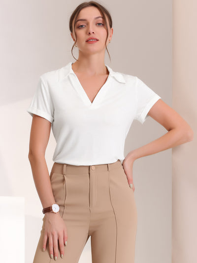 V Neck Polo Shirt for Summer Casual Collared Short Sleeve Blouse Top