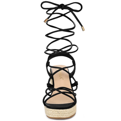 Women's Lace Up Platform Square Heel Espadrilles Wedge Sandals