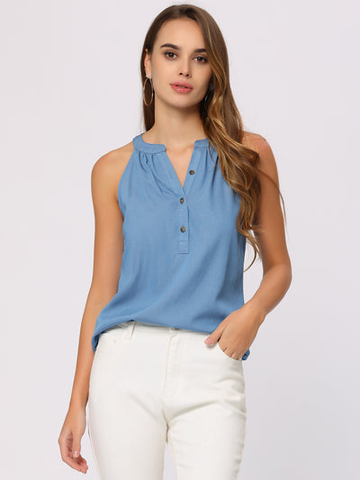 Allegra K Chambray Sleeveless Blouse Split Neck Button-Up Solid Casual Top