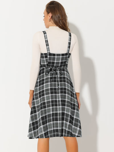 Plaid Vintage Sleeveless Tie Waist A-Line Overall Pinafore Dress