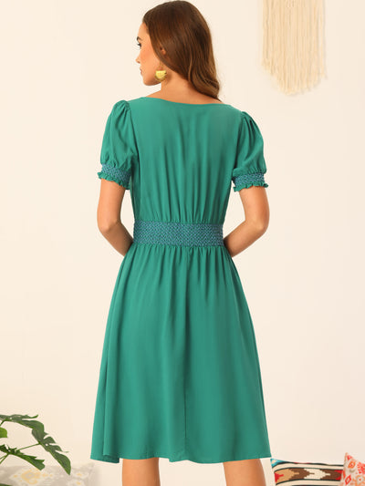 Summer A-Line Square Neck Contrast Stitch Smocked Waist Pocket Dress