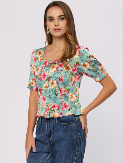 Allegra K Satin Floral Top for Button Down Hawaiian Square Neck Blouse