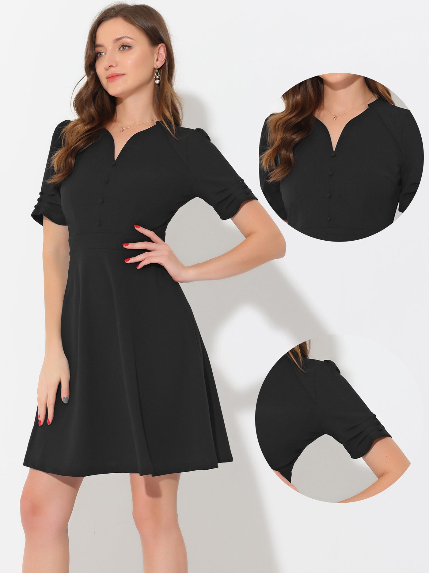 Allegra K Elegant Short Puff Sleeve V Neck A-Line Zipper Side Office Dress