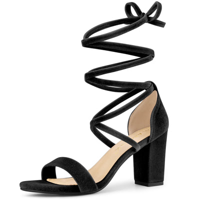 Women's Faux Velvet Lace Up Chunky Heel Strappy Sandals