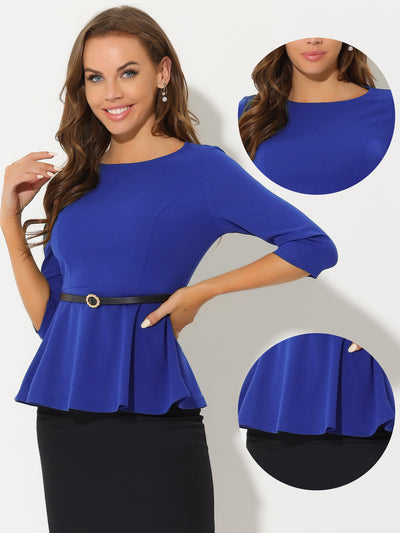 Peplum Top for 3/4 Sleeve Belted Elegant Business Work Blouse