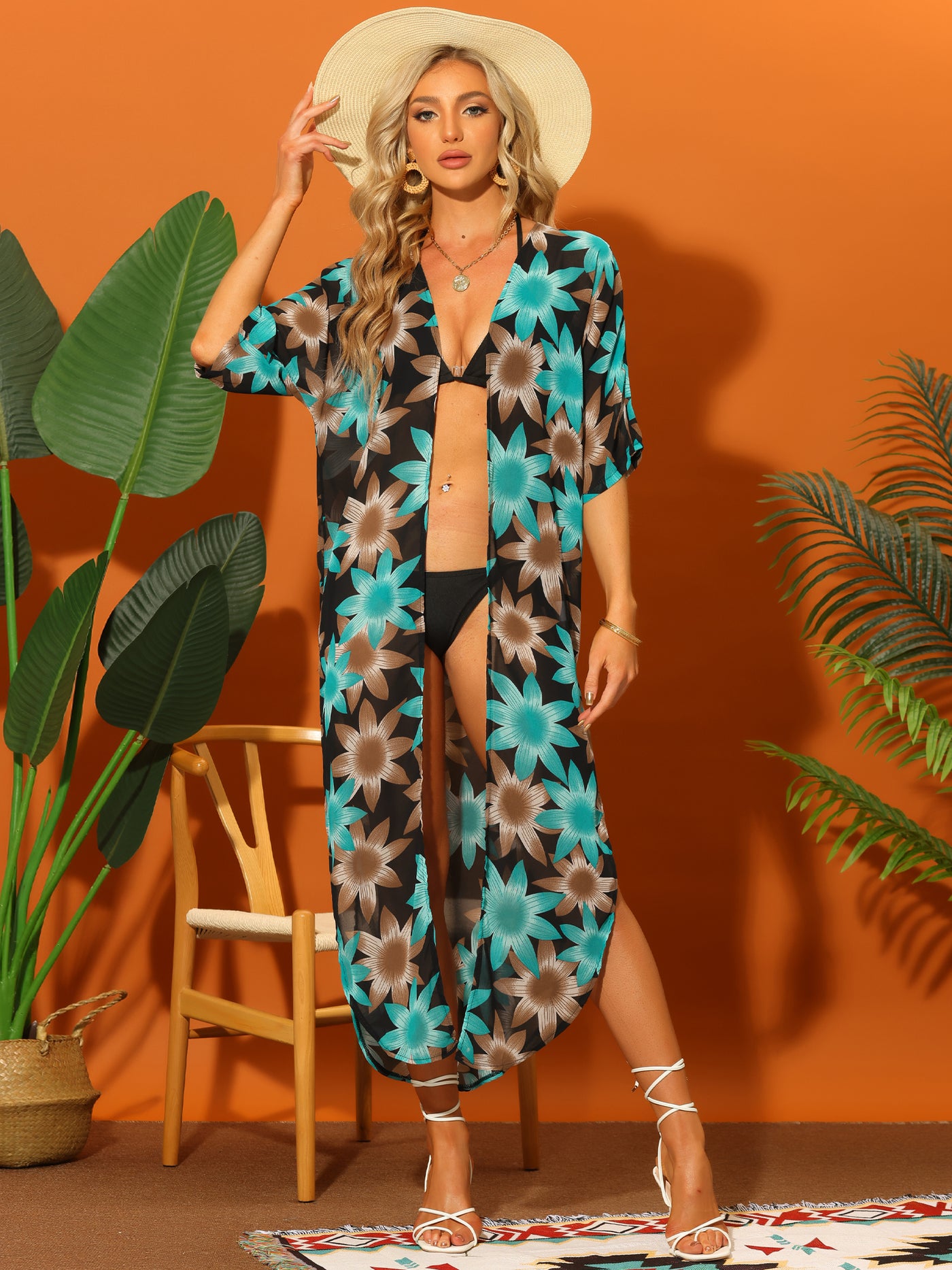 Allegra K Beach Cardigan Summer Cover Up Flowy Long Boho Chiffon Kimono