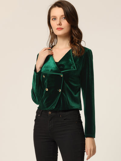 Velvet Notched Lapel Double Breasted Cropped Jacket