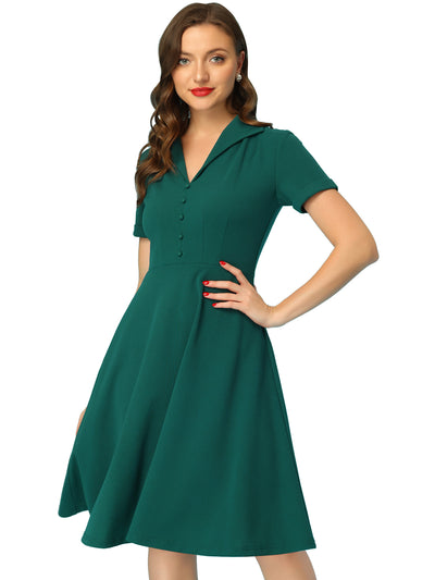 Vintage Flat Collar Solid Color Short Sleeve Fit and Flare Midi Dress