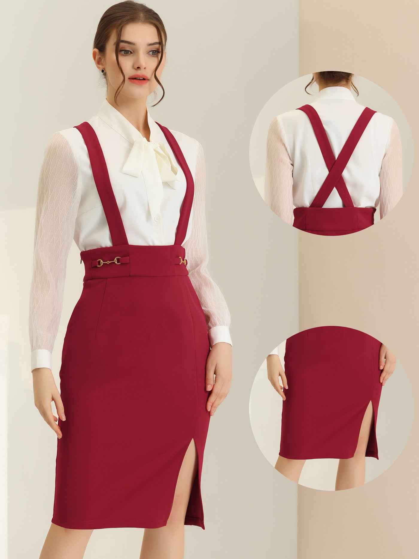 Allegra K Pencil High Waist Split Adjustable Strap Suspender Skirt