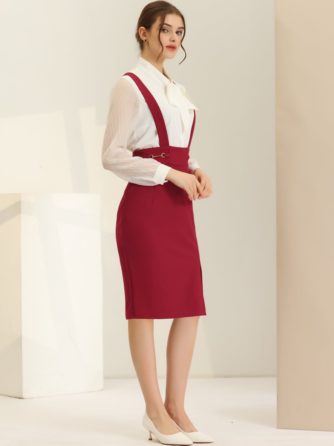 Allegra K Pencil High Waist Split Adjustable Strap Suspender Skirt