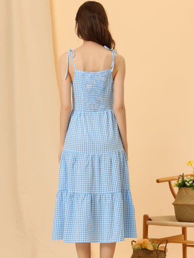 Plaid Tiered Tie Strap Ruffle Casual Checkered Sleeveless Dress