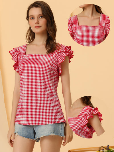 Summer Gingham Tops Square Neck Ruffle Cap Sleeve Blouse