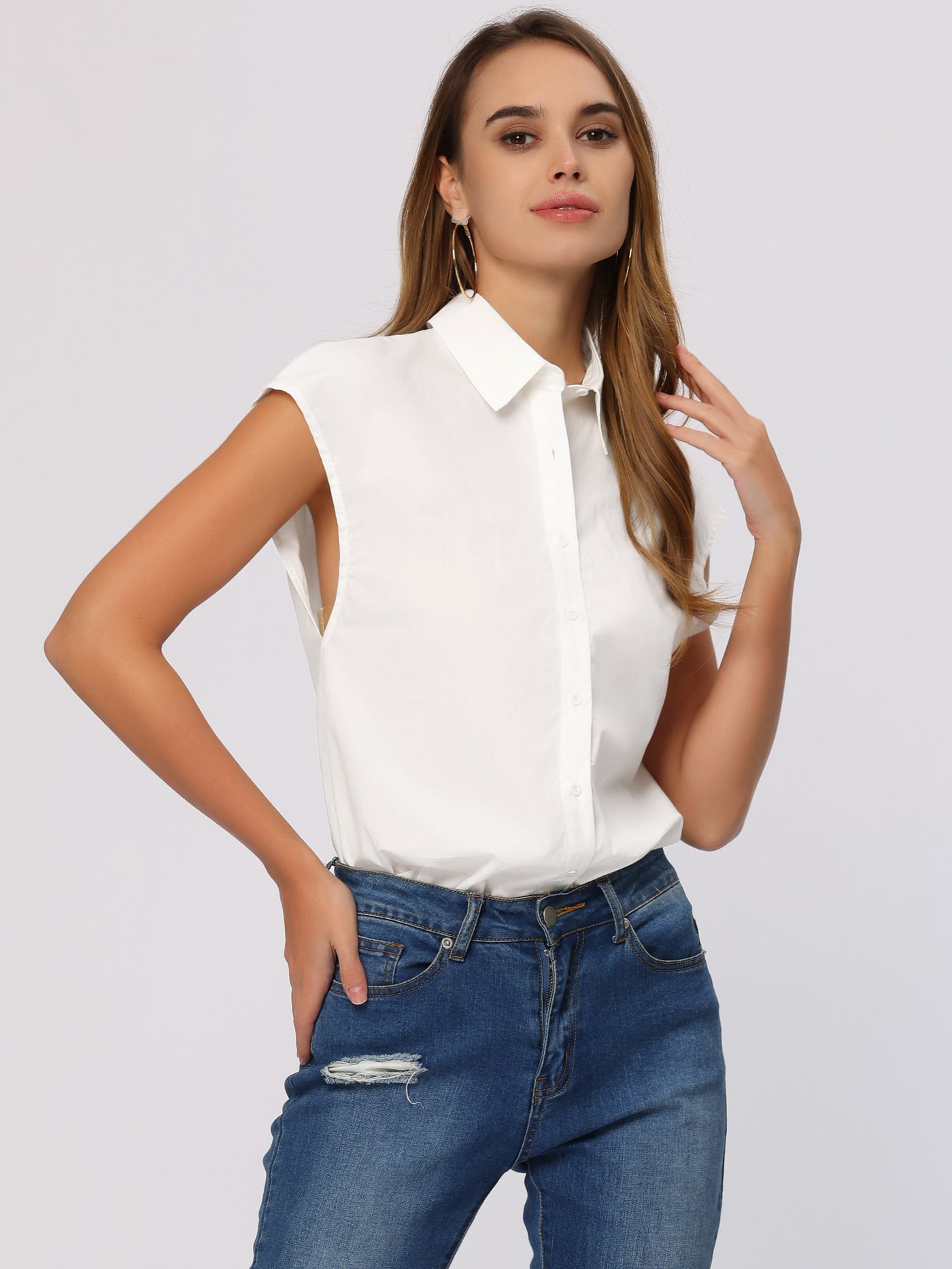 Allegra K Cotton Business Casual Shirt for Button Down Cap Sleeve Blouse Tops