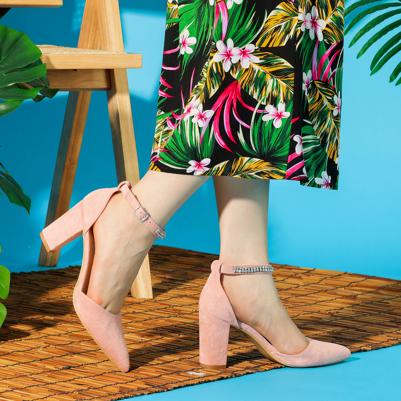 Allegra K Women's Pointed Toe Rhinestone Ankle Strap Chunky Heels Pumps