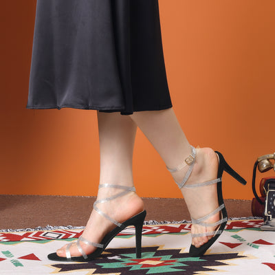 Women's Rhinestone Strappy Ankle Strap Stiletto Heels Sandals