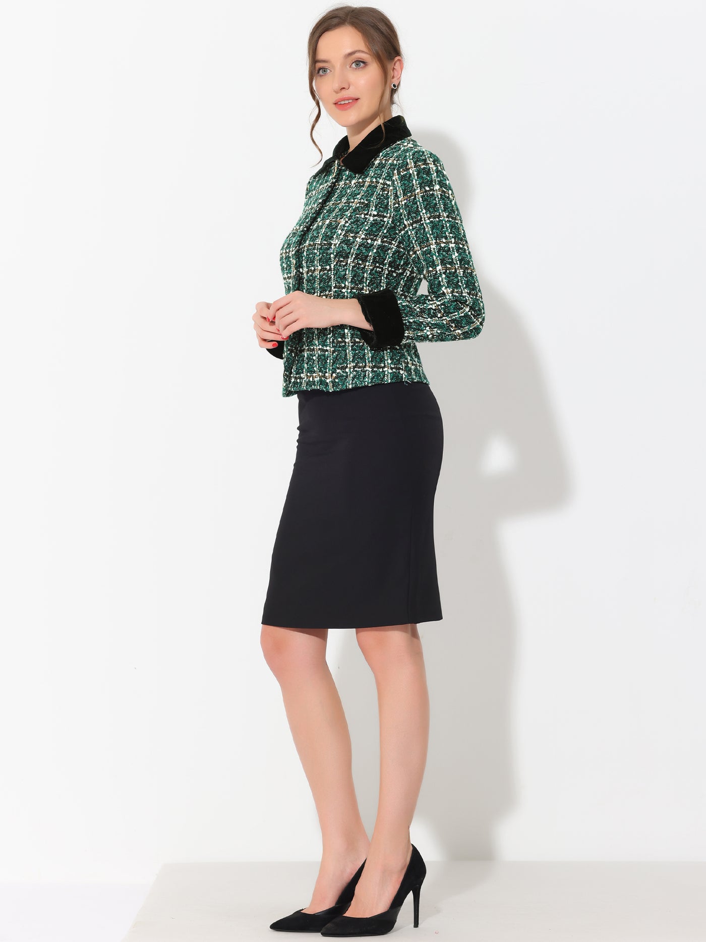 Allegra K Winter Elegant Vintage Plaid Tweed Office Short Jacket Blazer