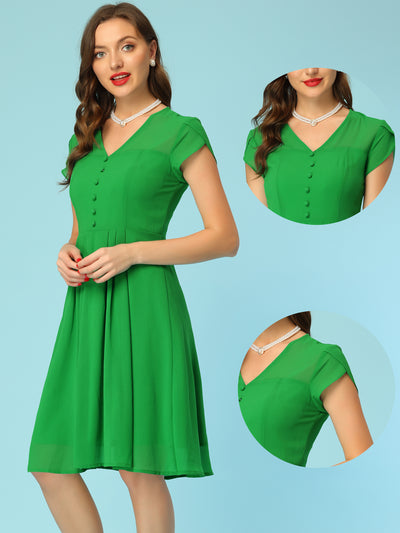 Vintage Chiffon V Neck Cap Sleeve Elegant A-Line Dress