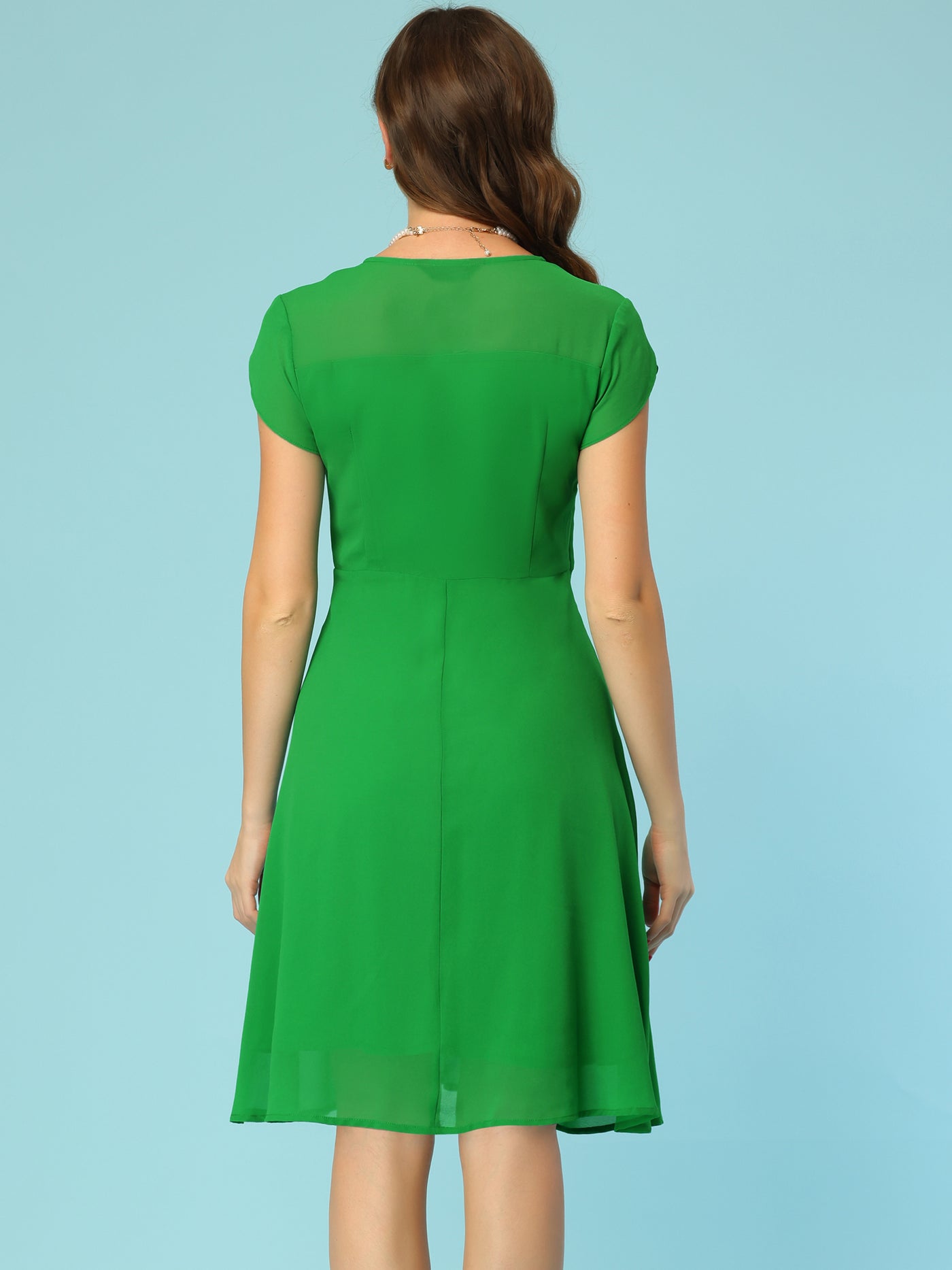 Allegra K Vintage Chiffon V Neck Cap Sleeve Elegant A-Line Dress
