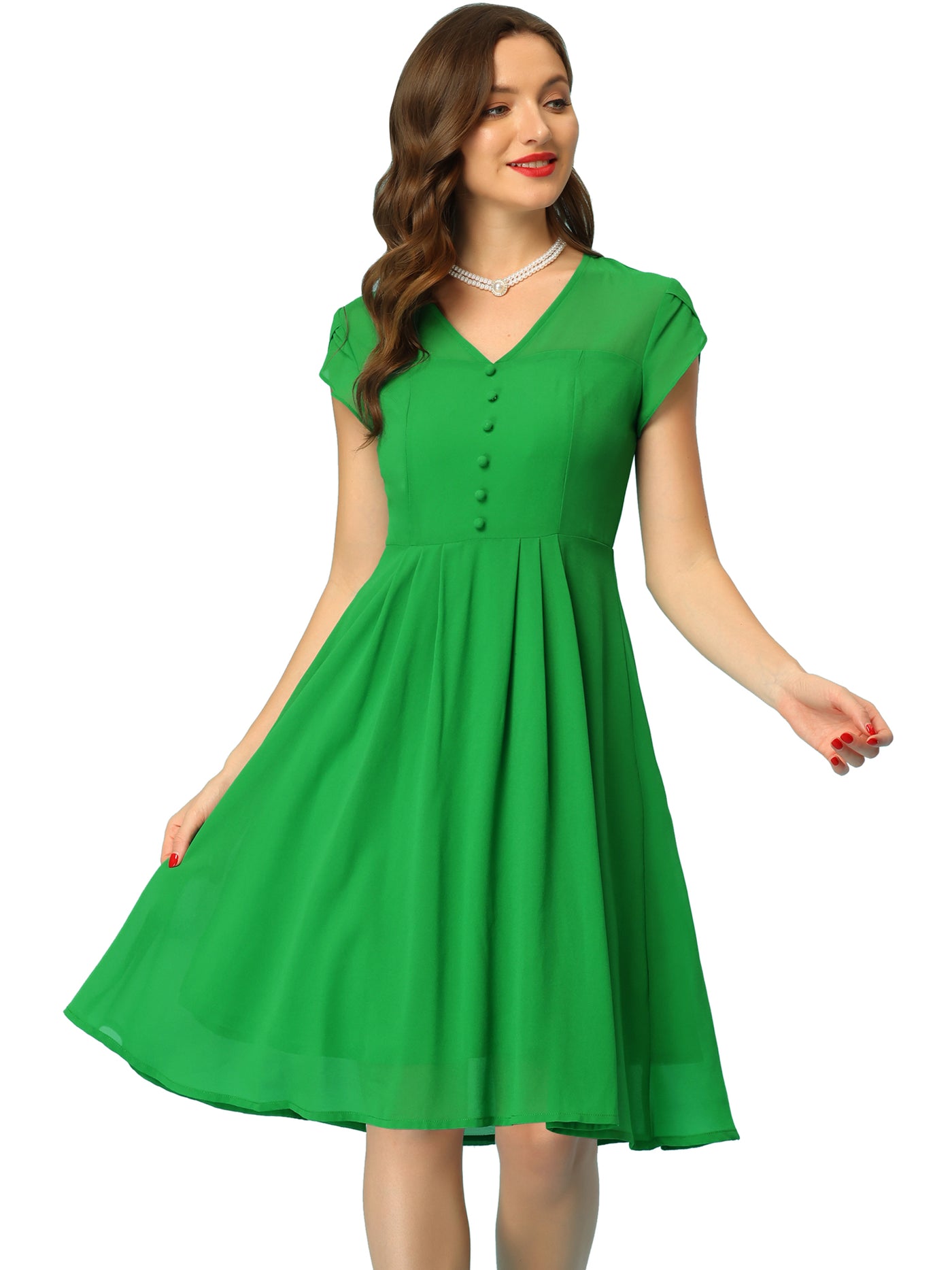 Allegra K Vintage Chiffon V Neck Cap Sleeve Elegant A-Line Dress