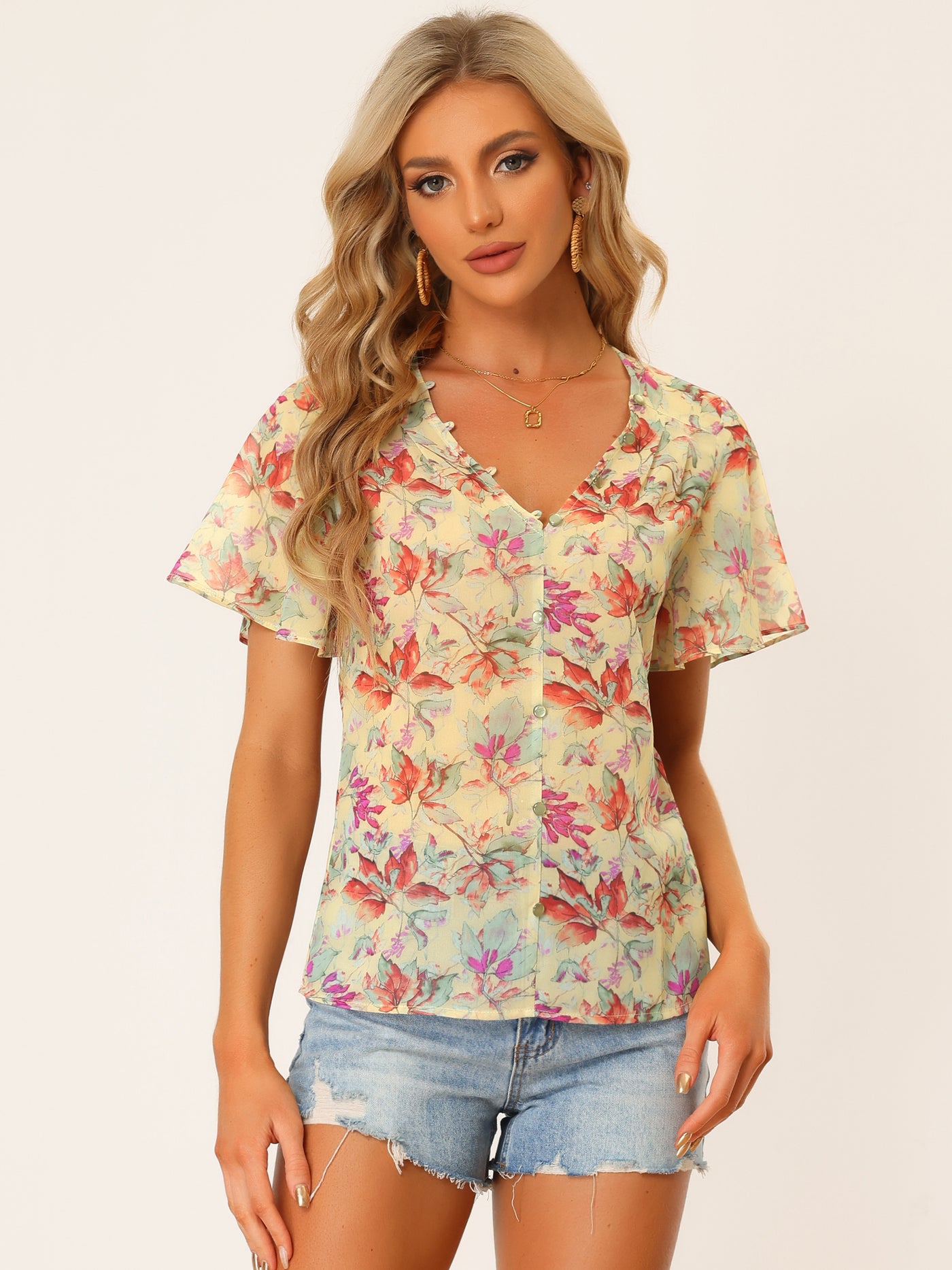 Allegra K Casual Boho Floral Ruffle Sleeve Button Front Chiffon Blouse Top