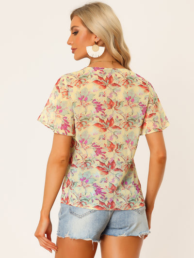 Casual Boho Floral Ruffle Sleeve Button Front Chiffon Blouse Top