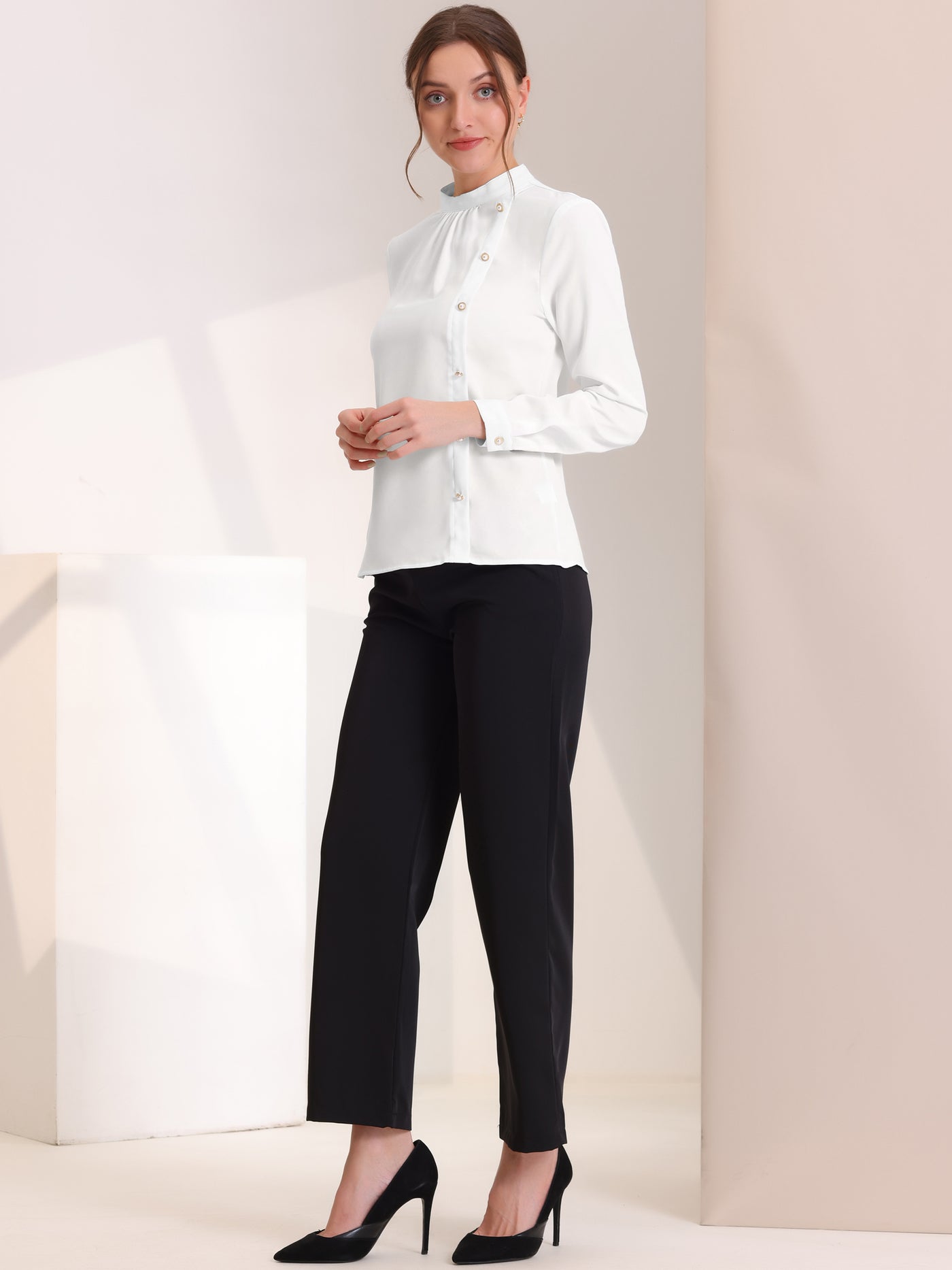 Allegra K Office Shirt for Elegant Stand Collar Long Sleeve Vintage Blouse