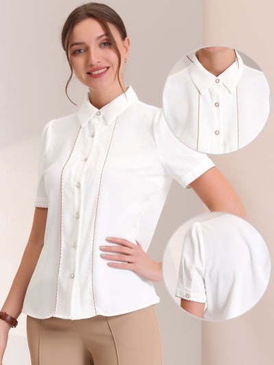 Button Down Shirt for Contrast Trim Puff Short Sleeve Blouse