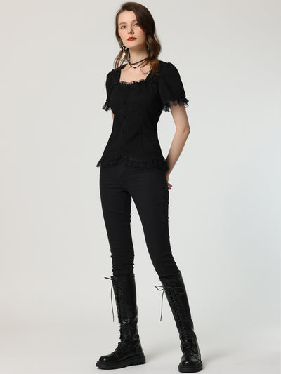 Sweetheart Neck Puff Short Sleeve Lace Up Gothic Blouse