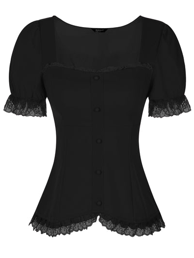 Sweetheart Neck Puff Short Sleeve Lace Up Gothic Blouse