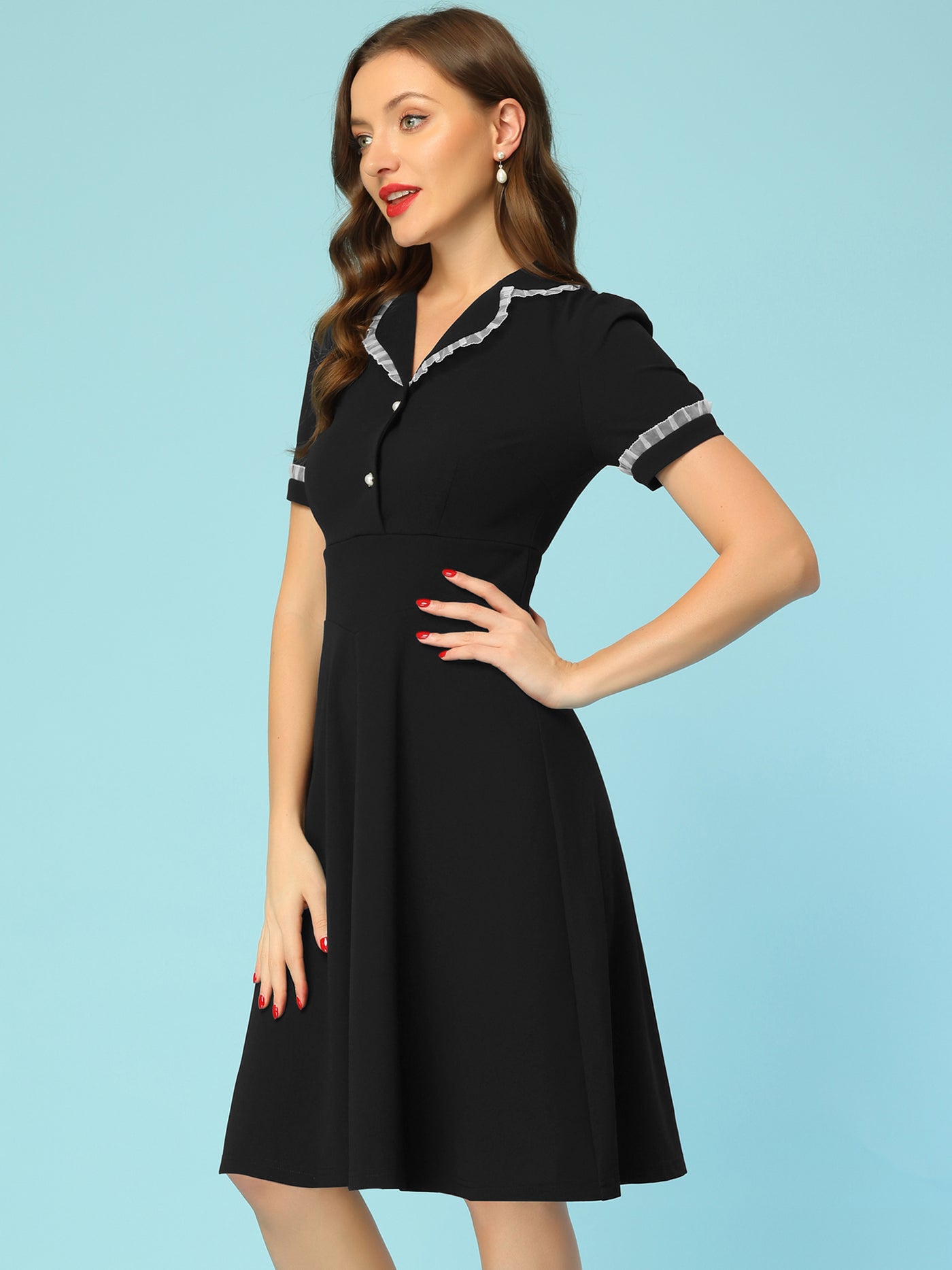 Allegra K Work Lace Notched Collar Vintage 1950s Short Sleeve Midi Shirt Dress