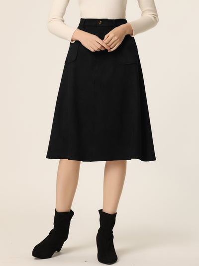 Casual Faux Suede Pockets Stretch A-line Midi Skirt with Belt