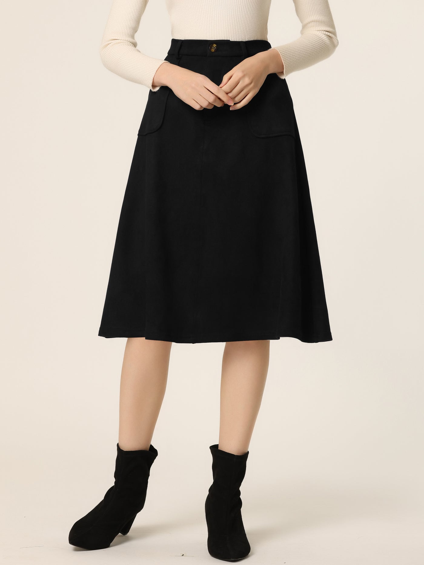 Allegra K Casual Faux Suede Pockets Stretch A-line Midi Skirt with Belt