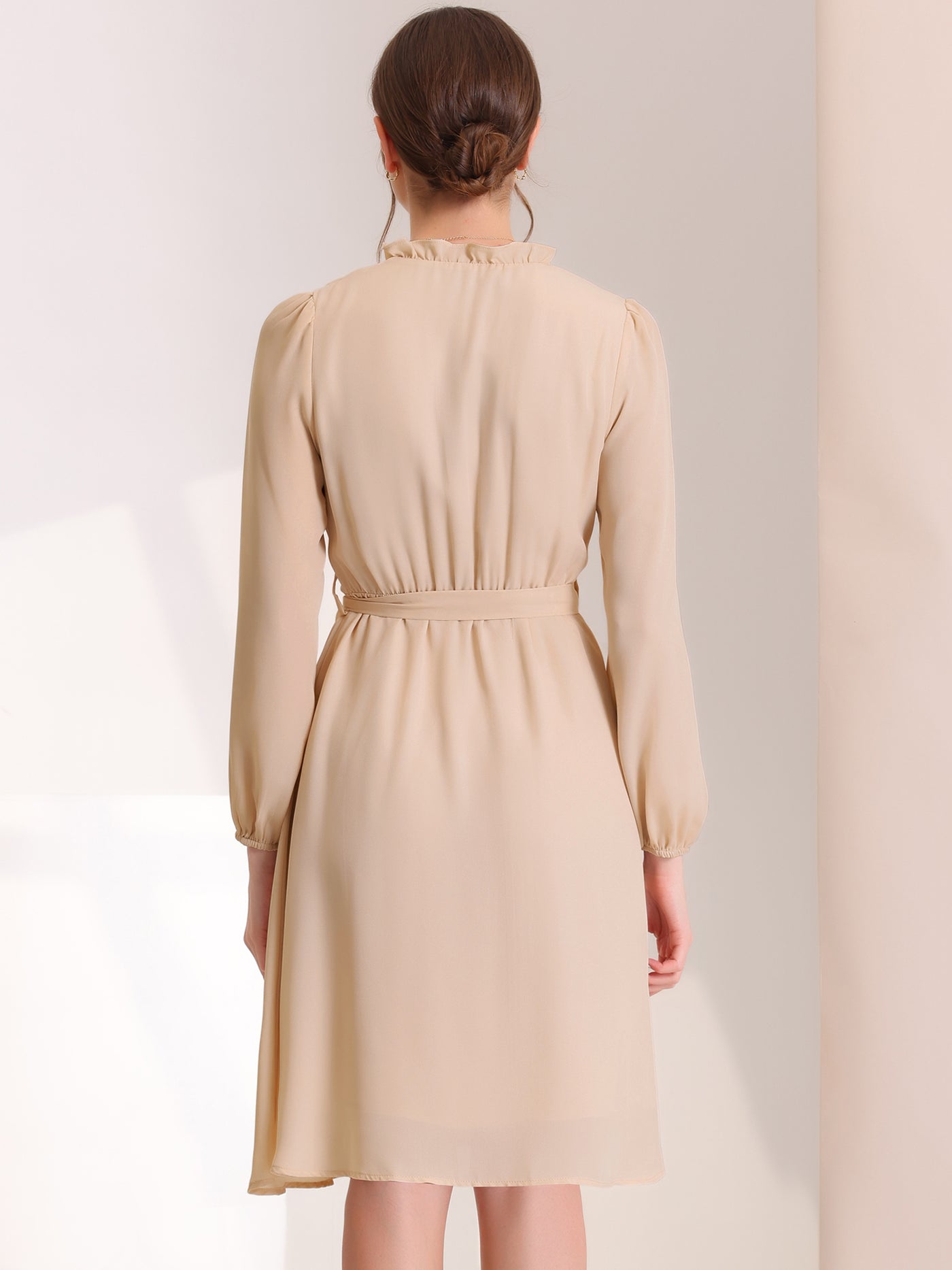 Allegra K Chiffon Elegant Frilly V Neck Belted Long Sleeve Business Casual Dress