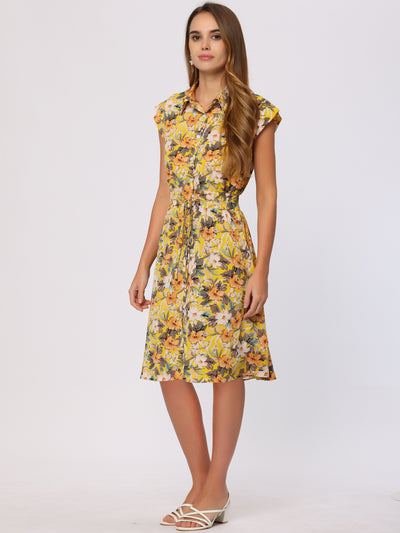 Allegra K Summer Chiffon Floral Shirt Dress for Women's Cap Sleeve Drawstring Waist Dresses