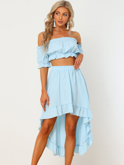 Off Shoulder Crop Top Flowy High Low Hem Skirt Two Piece Outfits Set