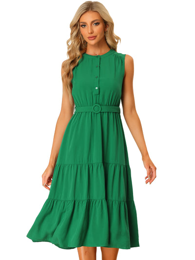 Summer Sleeveless Casual Elastic Waist Belted Tiered Midi Dress Sundress
