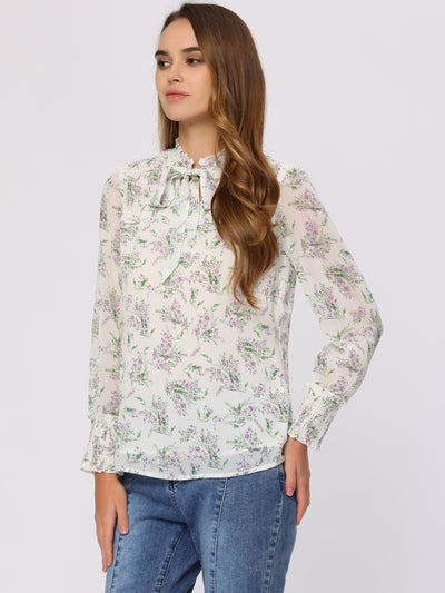 Allegra K Floral Blouse Shirred Long Sleeve Spring Tie Frill Neck Tops