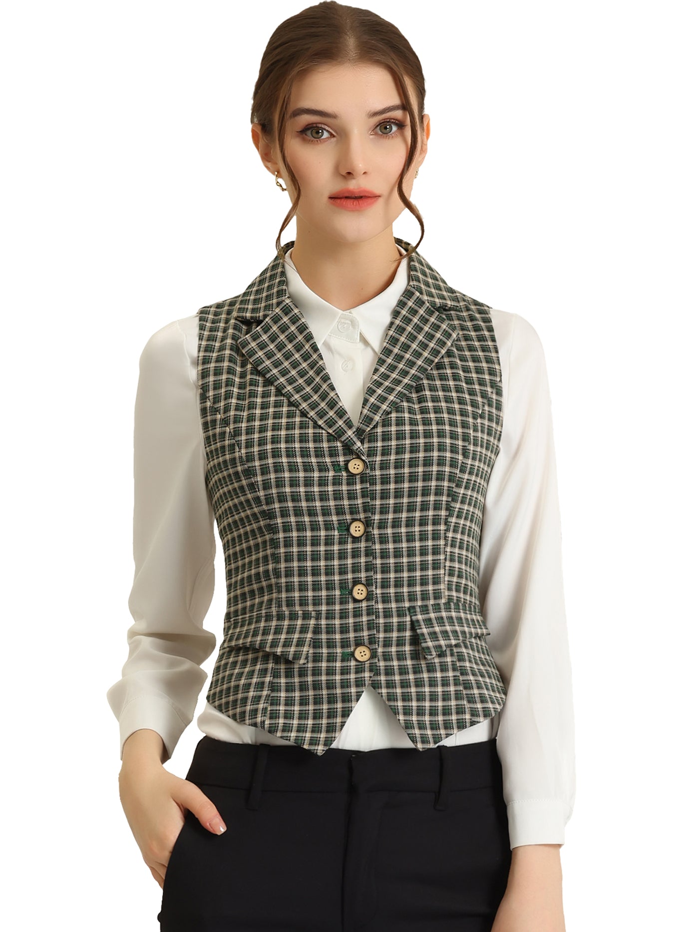 Allegra K Plaid Waistcoat Notched Lapel Collar Single Breasted Vintage Vest