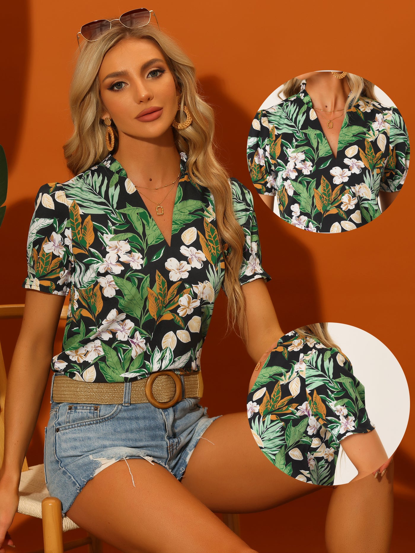 Allegra K Tropical Summer Tops for Short Sleeve V Neck T Shirt Printed Blouse