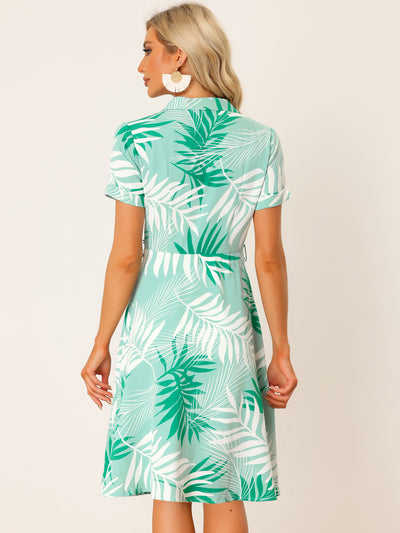 Tropical Print Lapel Collar Short Sleeve V Neck Belted Shirt Dress