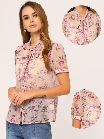 Floral Tie Neck Casual Semi Sheer Chiffon Short Sleeve Shirt